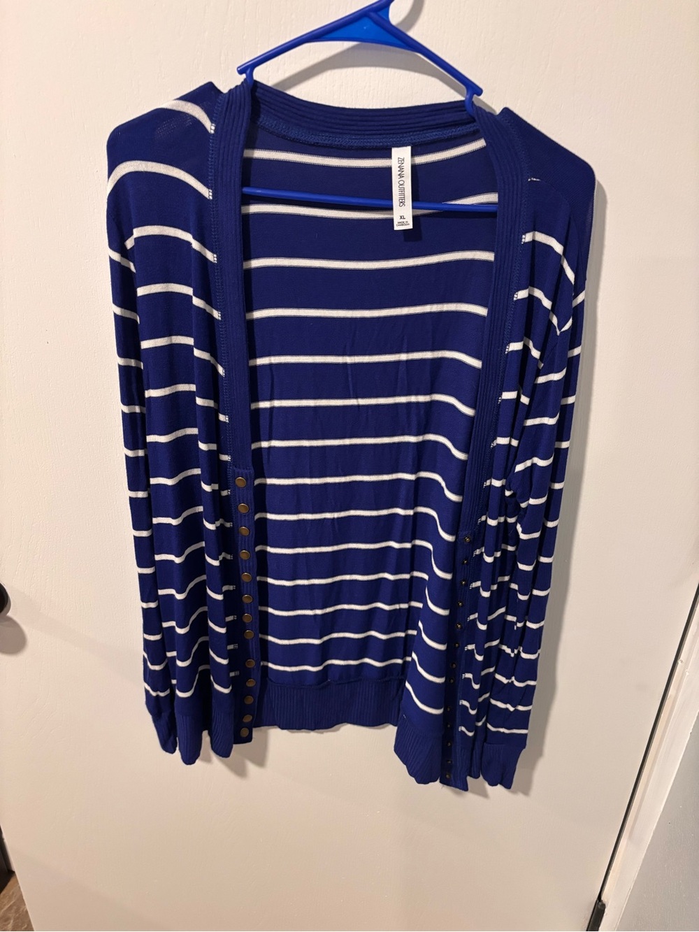 Zenana Outfitters Royal Blue & White Striped Button Cardigan